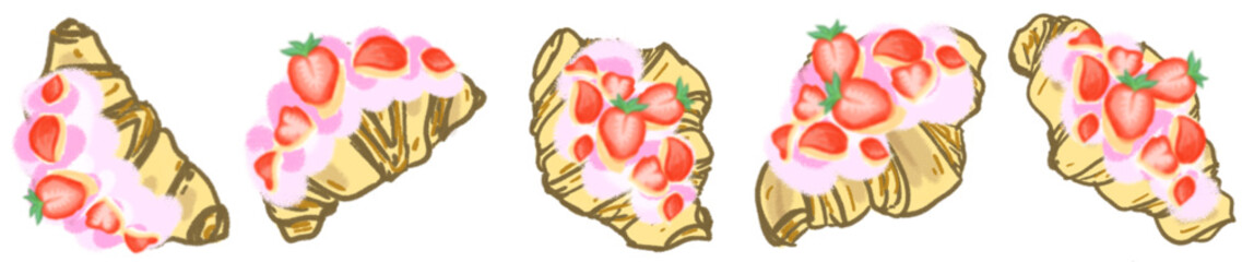 Strawberry Cream Croissant Illustration Set &ndash; Cute Bakery Pastry Vector for Cafe Menu, Dessert Clipart and Sweet Food Design