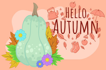 Large green pumpkin among colorful autumn leaves and flowers. Background with playful autumn elements welcoming season of fall