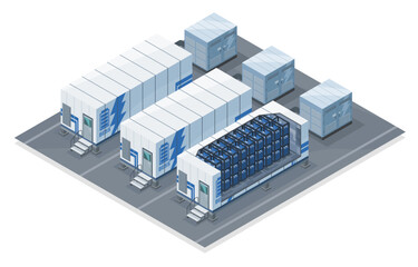 Isometric illustration of modern BESS and ESS facility integrated with smart microgrid network showing modular battery containers for renewable energy storage and industrial power management system