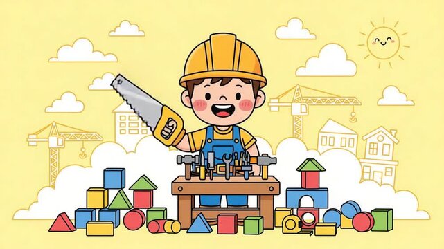 happy child builder with tools and construction blocks