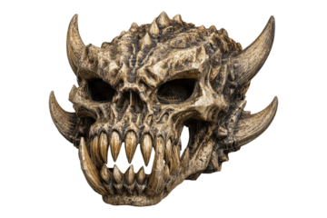 A scary, horned skull mask with sharp teeth and a menacing expression