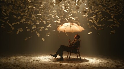 A man sits sheltered under an umbrella, surrounded by falling currency within a dim environment, portraying wealth and financial success.