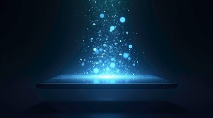 Futuristic holographic projection emerging from sleek smart phone screen showcase in dark spaces and digital transformation