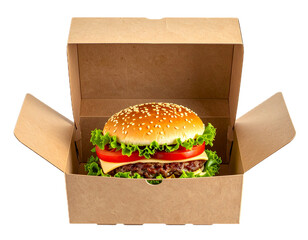 Classic hamburger with lettuce and tomato in an open cardboard box. Isolated on transparent background, png