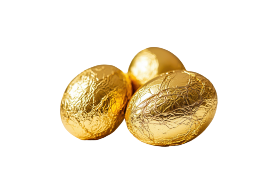 Golden easter eggs isolated on transparent background. Chocolate eggs wrapped in gold foil isolated on white background.