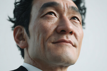 Obraz premium 空を見上げる日本人ビジネスマンのポートレート 希望と挑戦を象徴する構図