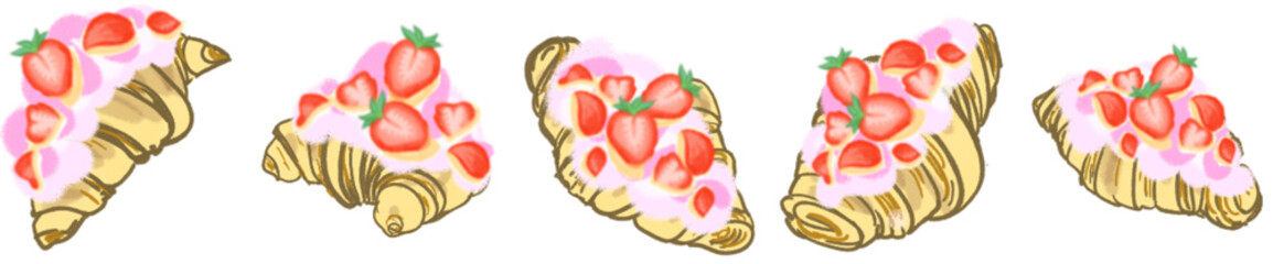 Strawberry Cream Croissant Illustration Set – Cute Bakery Pastry Vector for Cafe Menu, Dessert Clipart and Sweet Food Design