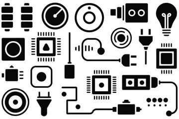 Technology icons, vector collection including electronic hardware elements like microchips, plugs, and battery symbols, electronic devices illustration, circuit vector graphics, 