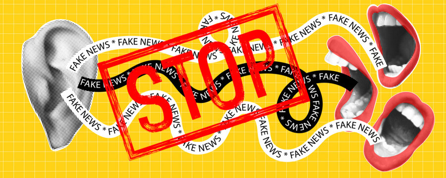 Trendy halftone banner with mouthes screaming fake news in ear. Stop  propaganda and fake news concept. False information spreading. Contemporary collage for design template. Vector