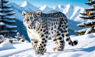 Fototapeta premium Snow leopard trekking through pristine mountainous snow with majestic grace