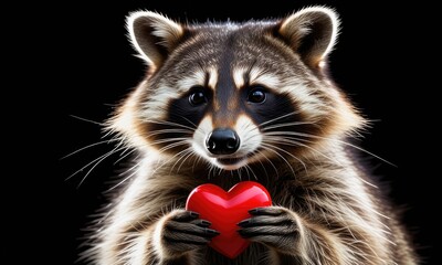 Adorable raccoon holding heartshaped object against black background