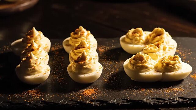 Delicious deviled eggs seasoned with paprika and served on a slate platter, a classic appetizer perfect for any gathering or party