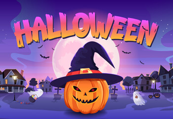 Colorful Halloween pumpking poster with ghosts