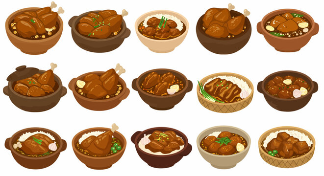 Collection of stylized illustrations depicting various brown stewed dishes likely adobo