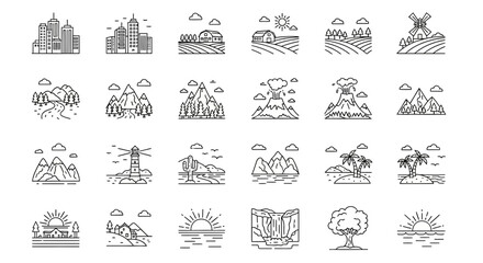 Fototapeta premium A collection of line art icons depicting various landscapes, including cityscapes, farms, mountains, volcanoes, islands, and sunrises, presented in a minimalist style.