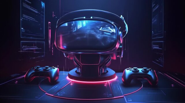 Virtual reality headset and game controllers with glowing neon lights.