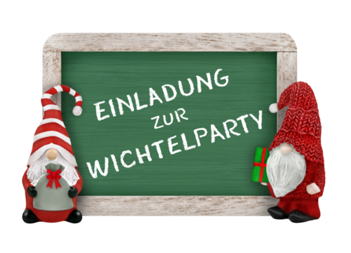 Einladung zur Wichtelparty mit Wichtel und Tafel  Hintergrund transparent PNG cut out - Powered by Adobe