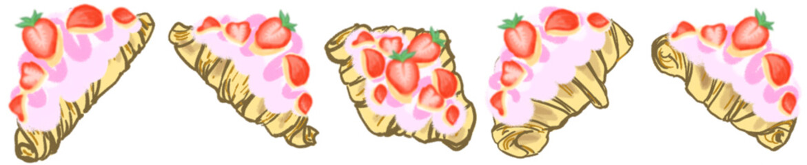 Strawberry Cream Croissant Illustration Set – Cute Bakery Pastry Vector for Cafe Menu, Dessert Clipart and Sweet Food Design