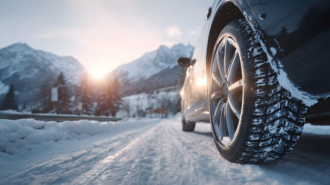 shot of a car's winter tire driving on a snowy road, showcasing the treads, amidst a picturesque mountainous landscape with a bright sun illuminating the scene during a sunny day. - Powered by Adobe