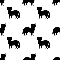 Seamless repeating pattern of silhouettes of black cats in a standing position on a white background for textile design, wallpaper, packaging