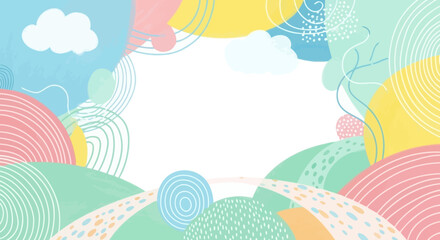 Pastel dreamscape backdrop with whimsical clouds, playful curves, and gentle color fields