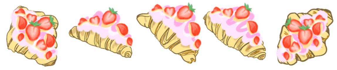 Strawberry Cream Croissant Illustration Set &ndash; Cute Bakery Pastry Vector for Cafe Menu, Dessert Clipart and Sweet Food Design