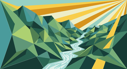 Geometric mountain range with river and vibrant radiating light illustration scene abstract
