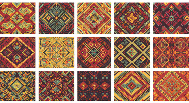 Fifteen distinct square patterns featuring colorful stylized geometric and tribal textile designs