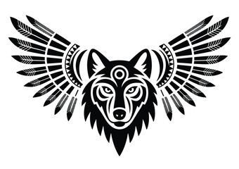 Tribal wolf head with native arrow pattern and wings vector illustration scalable eps icon silhouette vector illustration white background