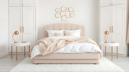 Fototapeta premium Elegant Beige Bedroom with Decorative Mirrors and Modern Accents