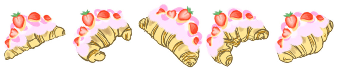 Strawberry Cream Croissant Illustration Set &ndash; Cute Bakery Pastry Vector for Cafe Menu, Dessert Clipart and Sweet Food Design