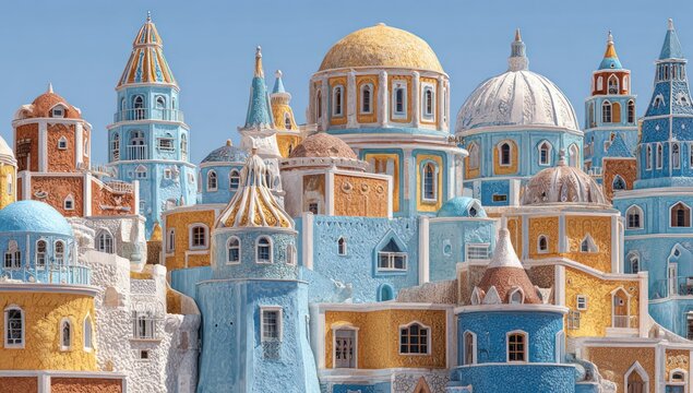 A whimsical cityscape of colorful buildings with domes, towers, and diverse architectural details against a clear sky