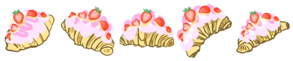 Strawberry Cream Croissant Illustration Set – Cute Bakery Pastry Vector for Cafe Menu, Dessert Clipart and Sweet Food Design