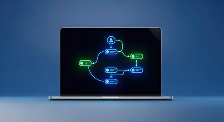 Streamlined workflow on laptop screen showcases efficient business process, visualize project management and strategic planning with vibrant neon flow chart, perfect for tech