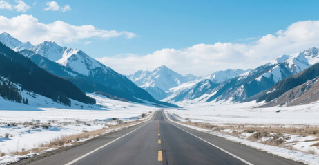 Winter highway self-driving tour snow mountain scenery car ad background