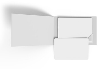 3D Gift Card with holder mockup, open Leaflet, bifold isolated on background. Blank folder paper template for presentation credit card, key card, notecards, invitation, branding, special offers, Ads
