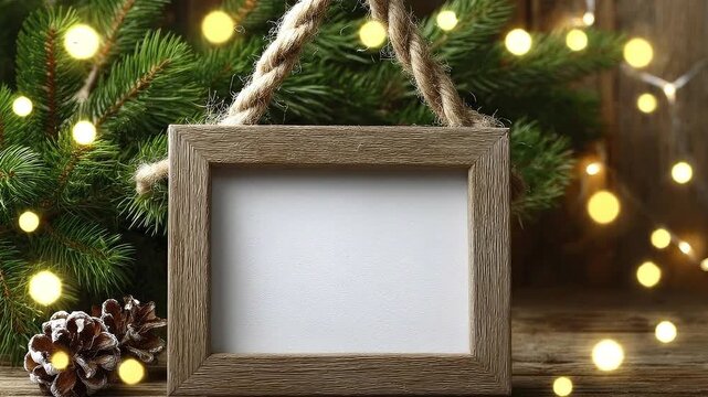 A rustic wooden frame with rope hanger sits amid pine branches pinecones and warm glowing lights