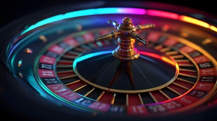 Elegant casino roulette wheel illuminated with vibrant colorful lights, showcasing a gold-colored central hub, with numbers and segments displayed, evoking a sense of excitement and the thrill of...