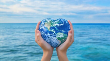Hands holding heart shaped Earth globe against ocean background.