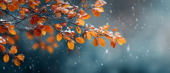 The delicate art of seasons: autumn's finale under a blanket of snow. Experimental photography. Close-up of orange and yellow leaves on a branch beneath the season's first snow.
