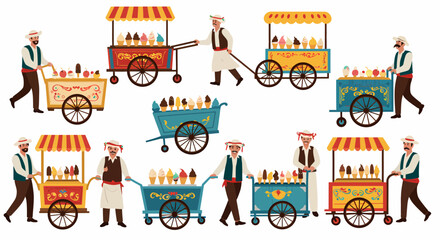 Turkish ice cream vendors pushing and pulling decorated carts with frozen desserts © Faisal