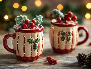 Two Festive Holiday Mugs Decorated with Holly Berries and Leaves