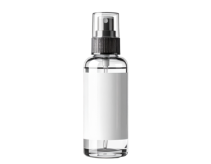 Minimalist body mist spray bottle, transparent plastic with white label