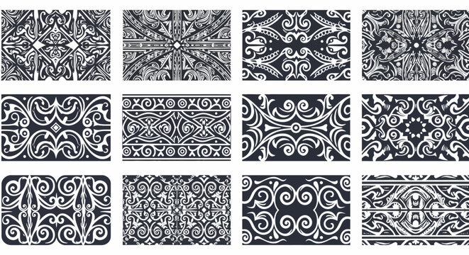 Twelve black and white graphic patterns inspired by traditional tribal art motifs