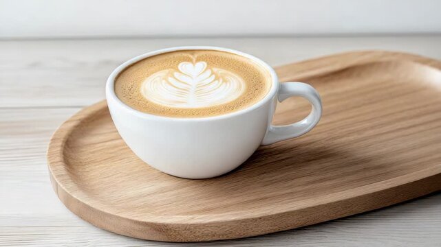 Creamy latte art in white cup on wooden tray evokes warmth and comfort in every sip of coffee