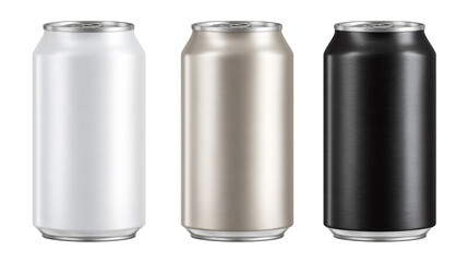Set of blank beverage cans in white, silver, and black
