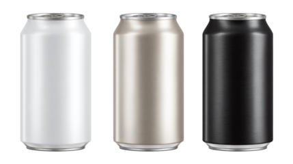 Set of blank beverage cans in white, silver, and black