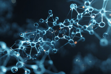 ガラスのような透明球体が繋がる未来的な分子構造イメージ