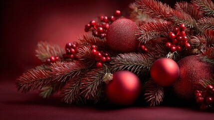 Obraz premium Festive Christmas and New Year greeting card banner featuring red ornaments and holiday greenery