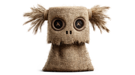Creepy burlap doll head with stitched smile